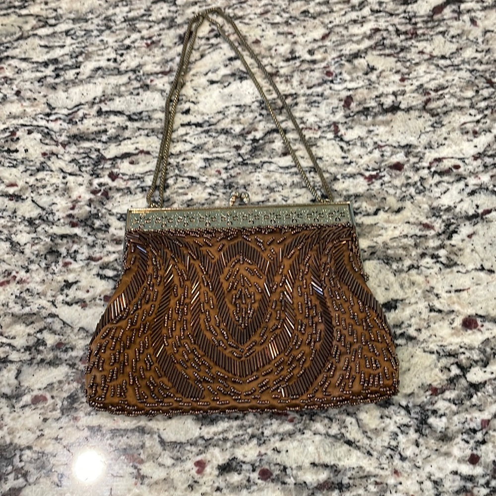 Vintage Beaded Evening Bag Art Deco Style Brown Clutch Chain Strap